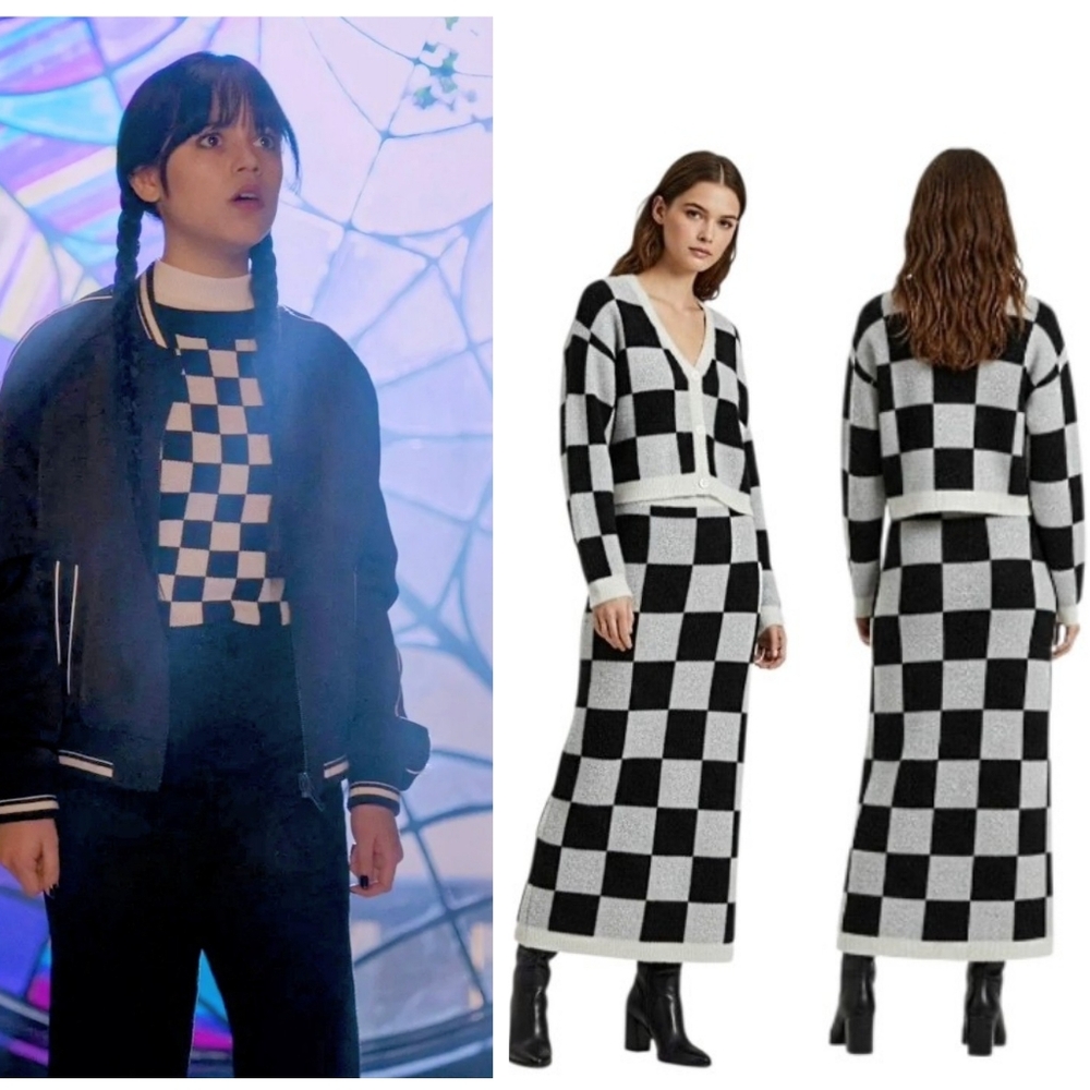 Art Class Wednsday Addams Inspired Fuzzy Black White Buffalo Check Crop Cardigan